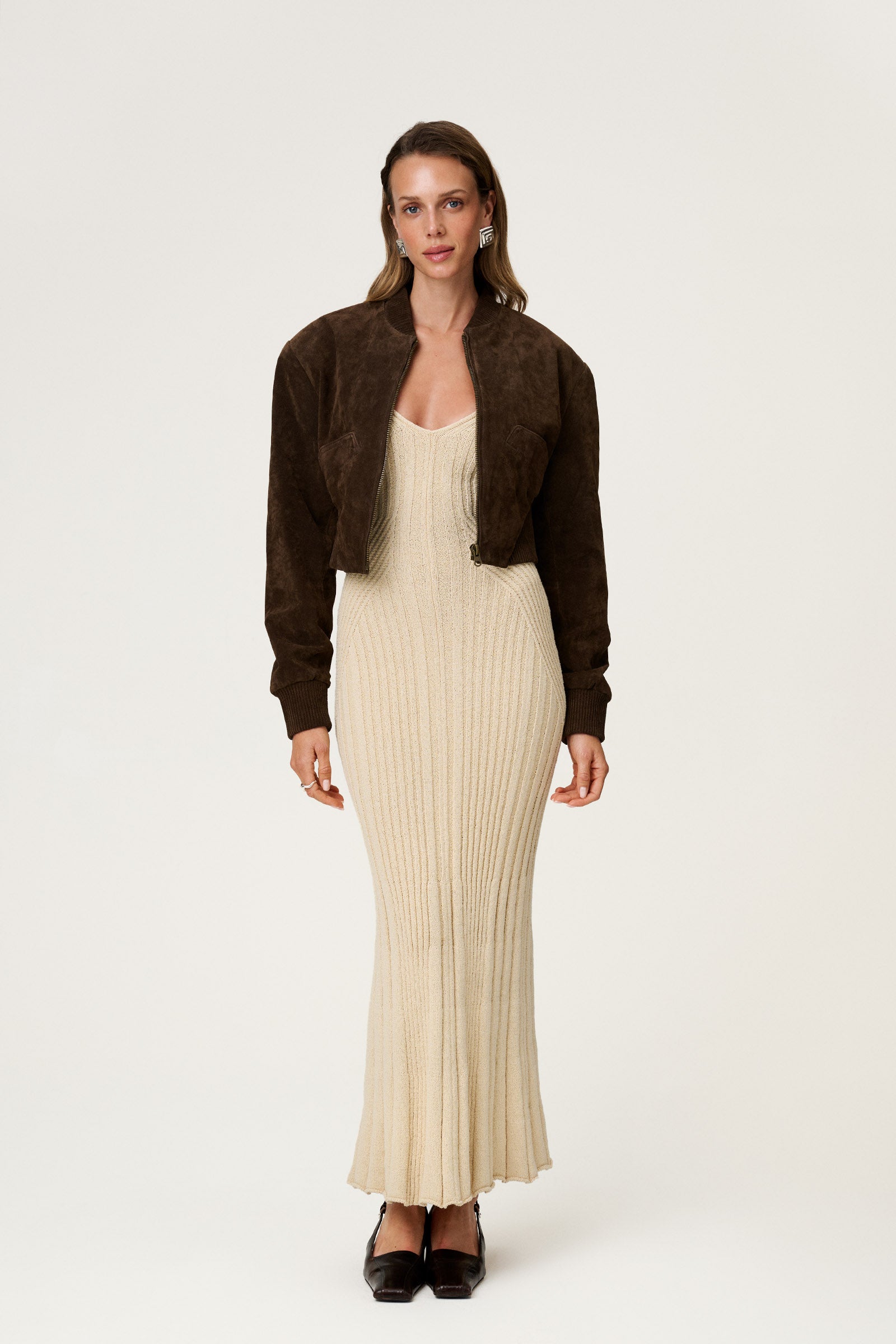 Brixen cropped suede jacket in dark brown with a boxy fit.  image