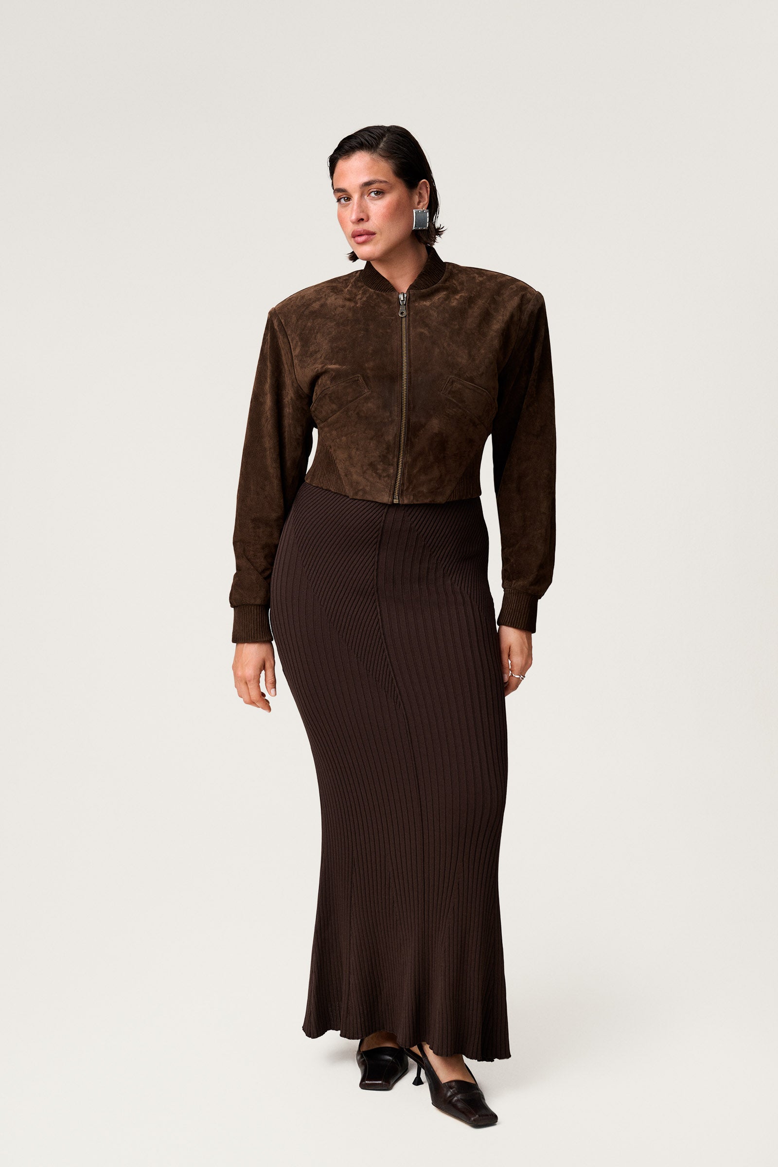 Brixen cropped suede jacket in dark brown with a boxy fit.  image