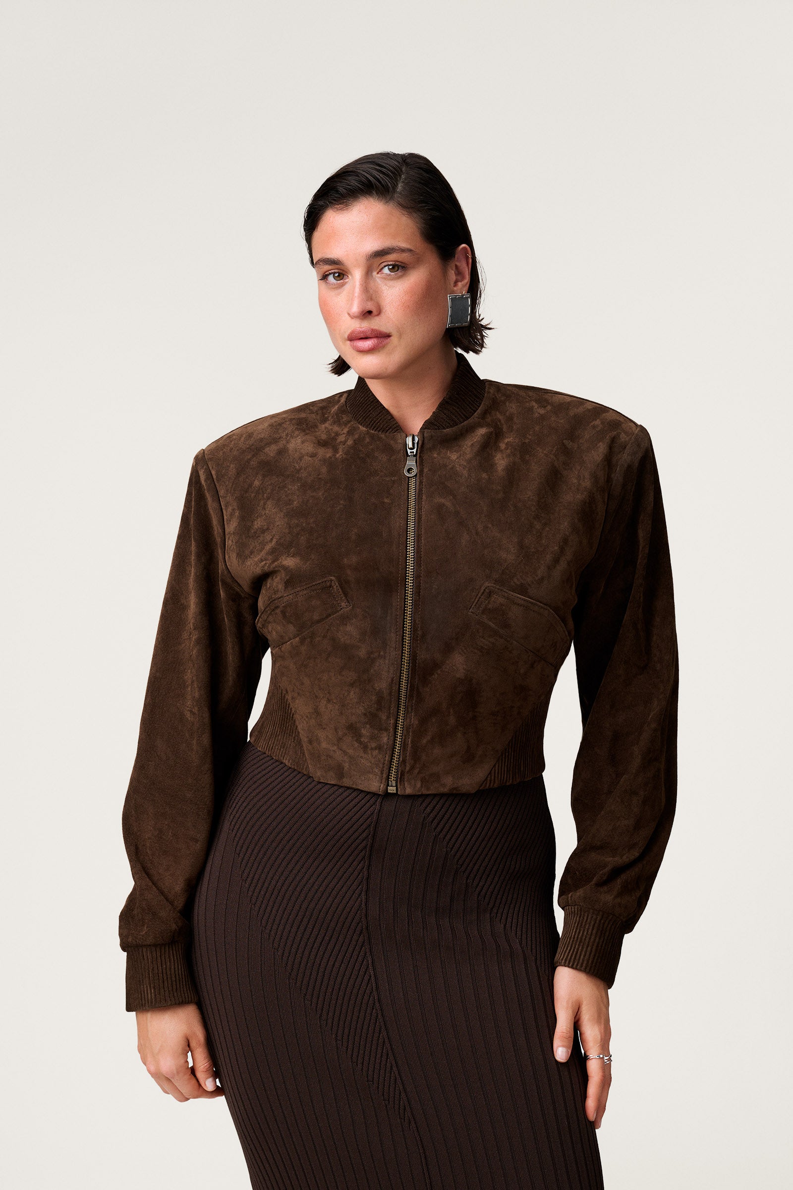 Brixen cropped suede jacket in dark brown with a boxy fit.  image