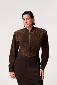 Brixen cropped suede jacket in dark brown with a boxy fit.  thumbnail image