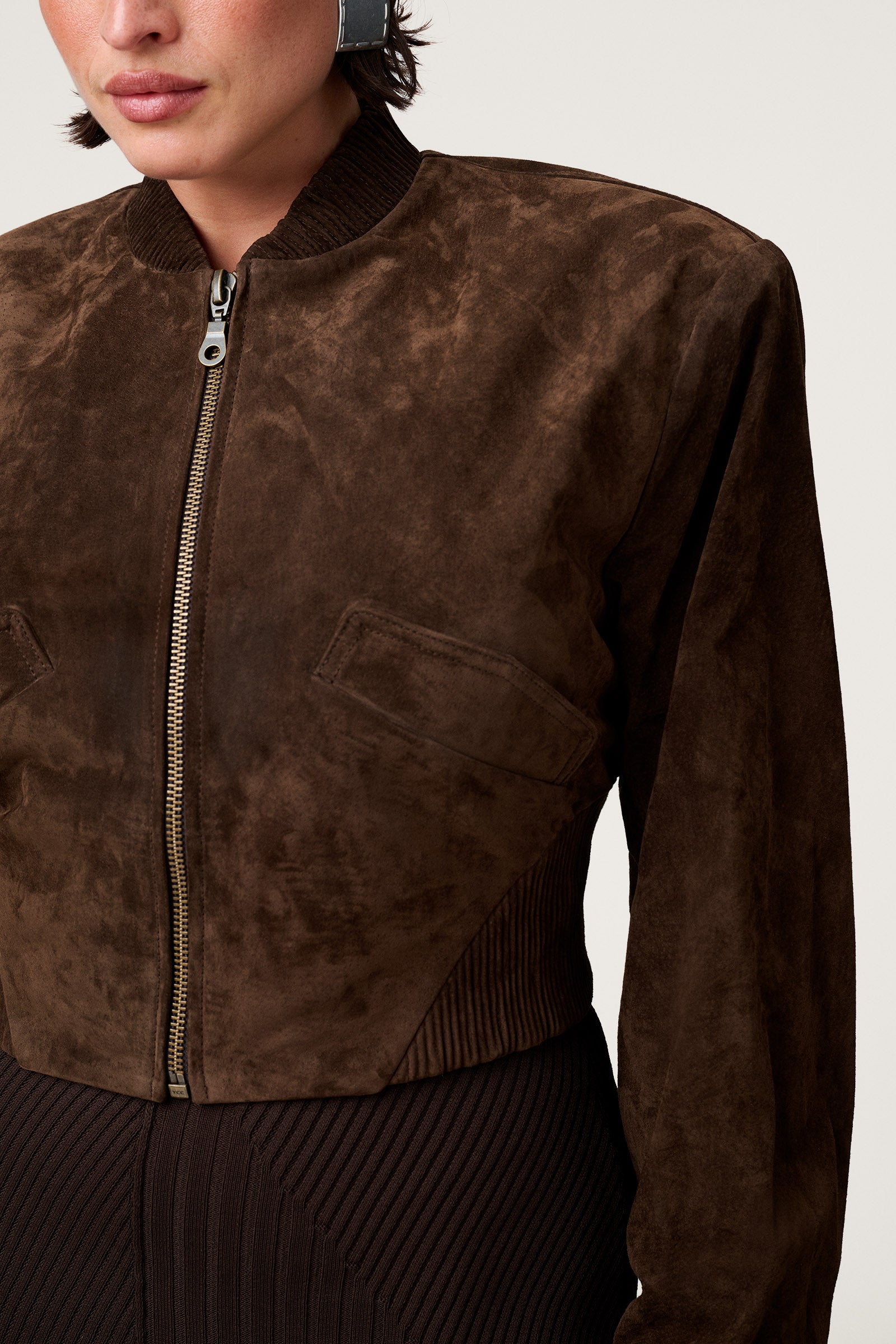 Brixen cropped suede jacket in dark brown with a boxy fit.  image