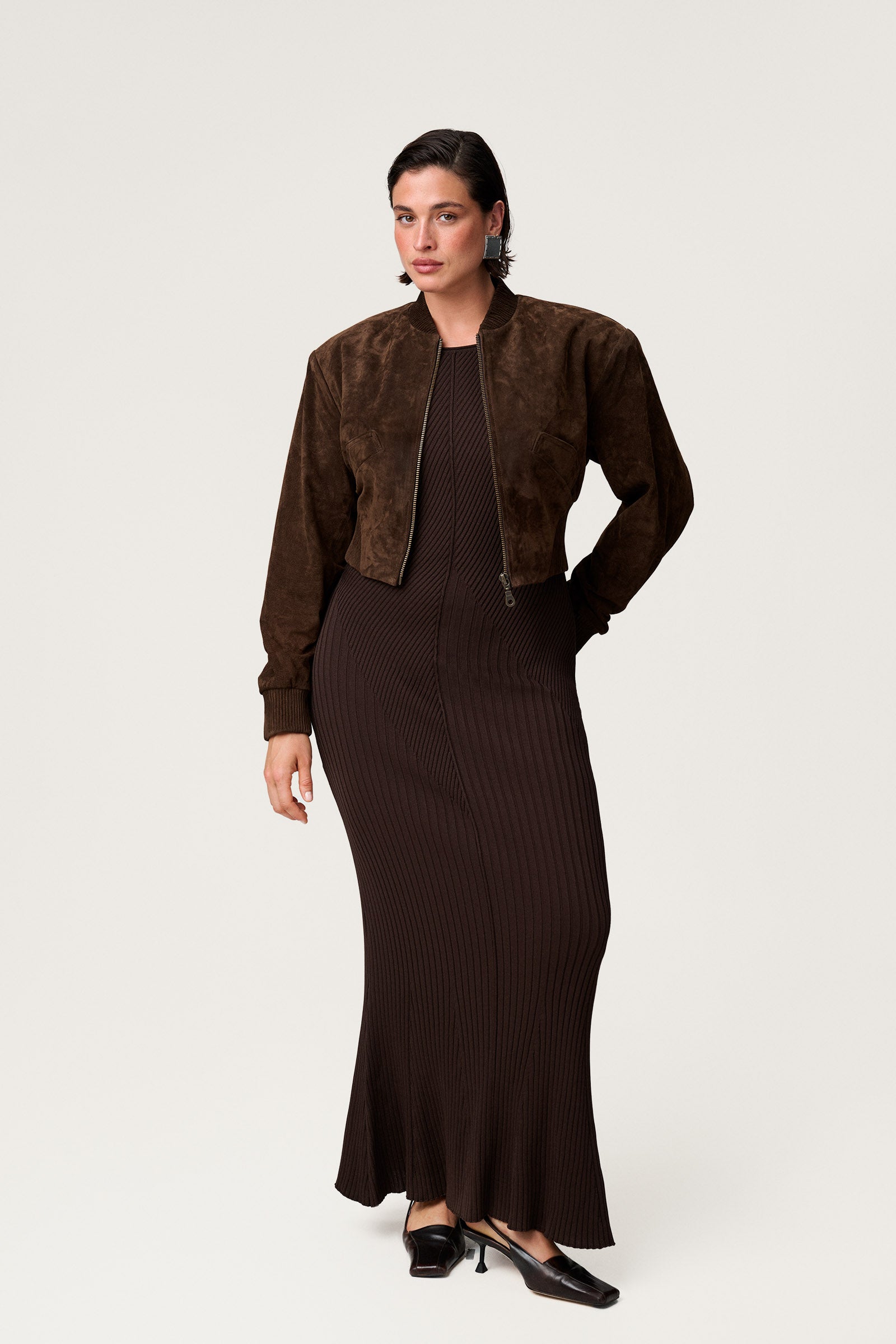 Brixen cropped suede jacket in dark brown with a boxy fit.  image