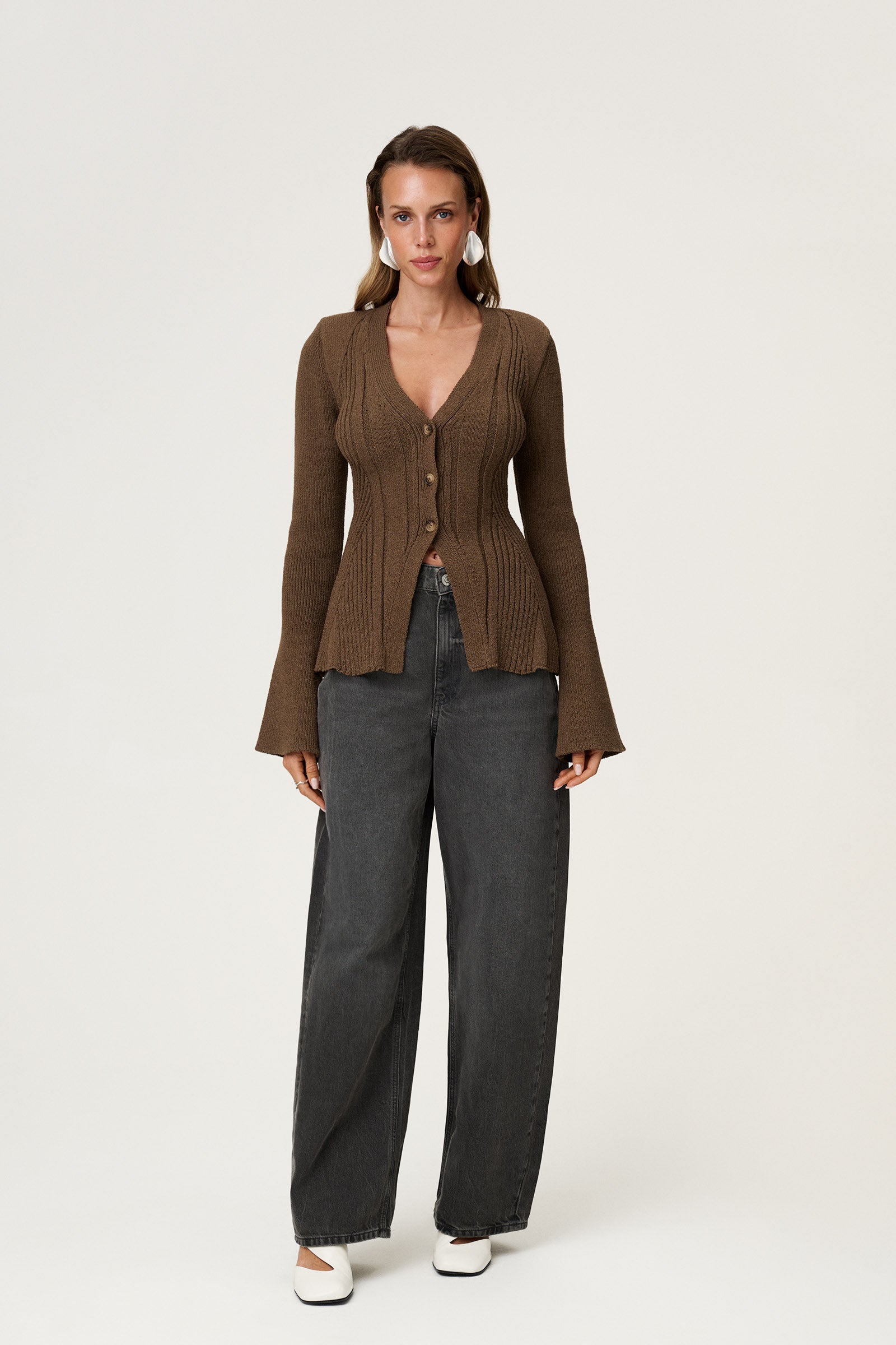 Lugo knitted cardigan in taupe with long sleeve trumpet arms. image