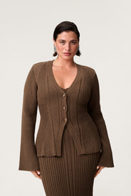 Lugo knitted cardigan in taupe with long sleeve trumpet arms. thumbnail image