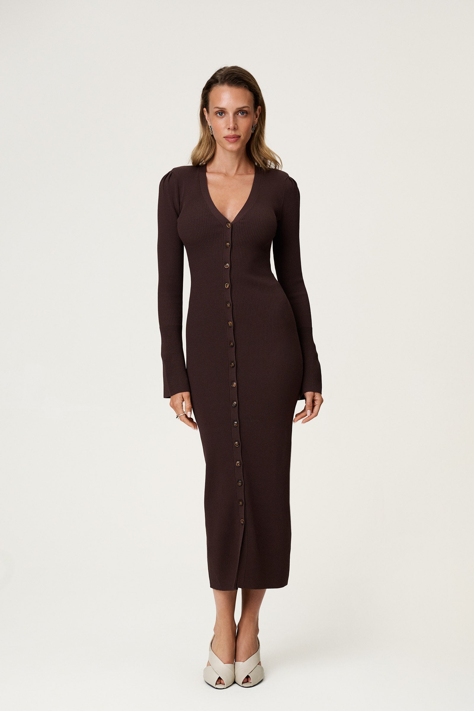 Knitted milano midi dress in brown with front button closure. image