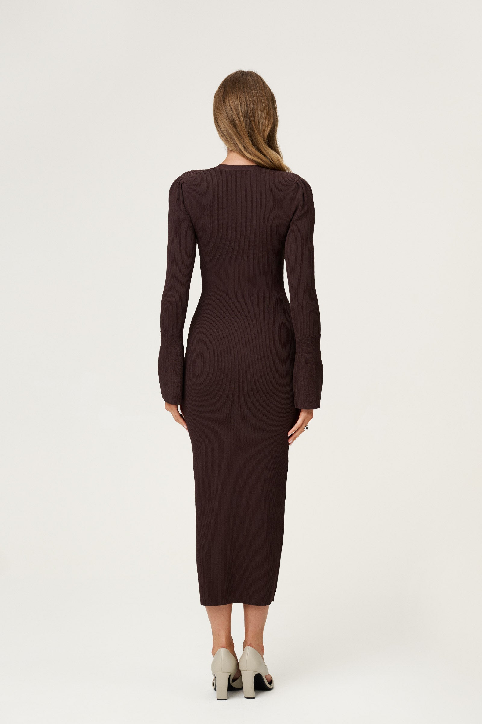 Knitted milano midi dress in brown with front button closure. image