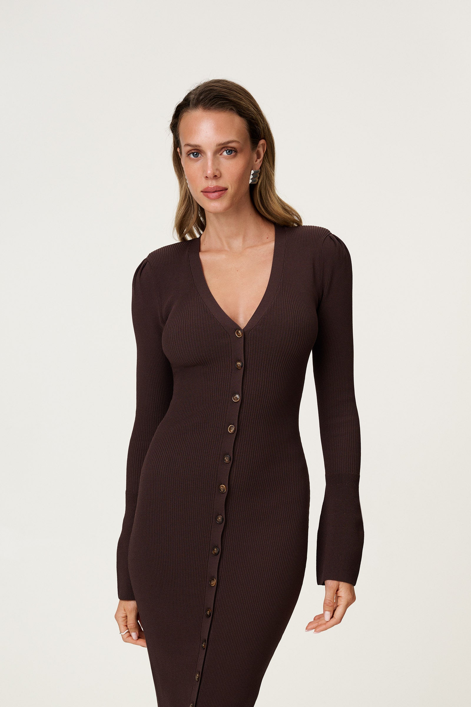 Knitted milano midi dress in brown with front button closure. image