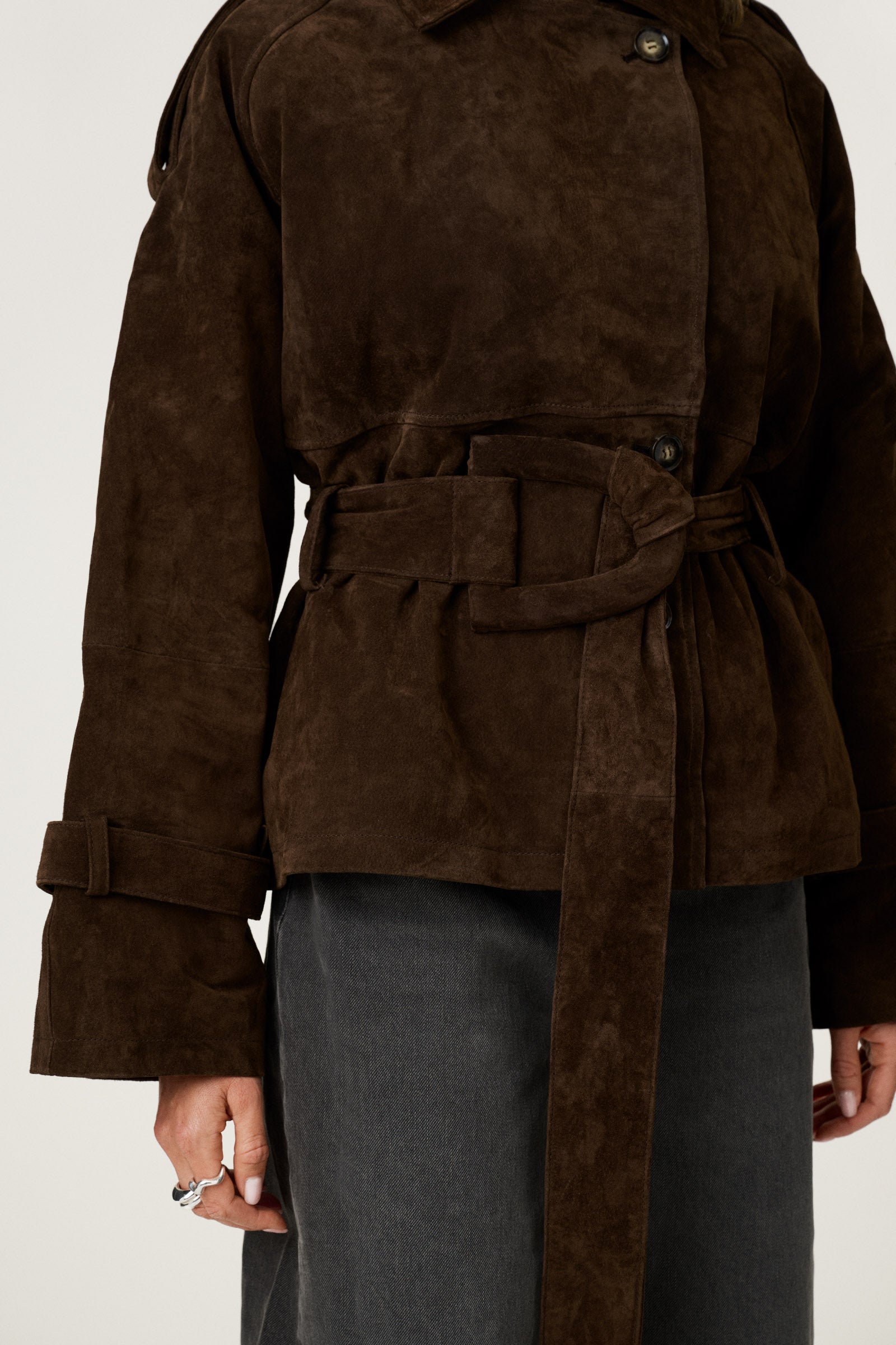 York cropped trench coat in dark brown suede. image