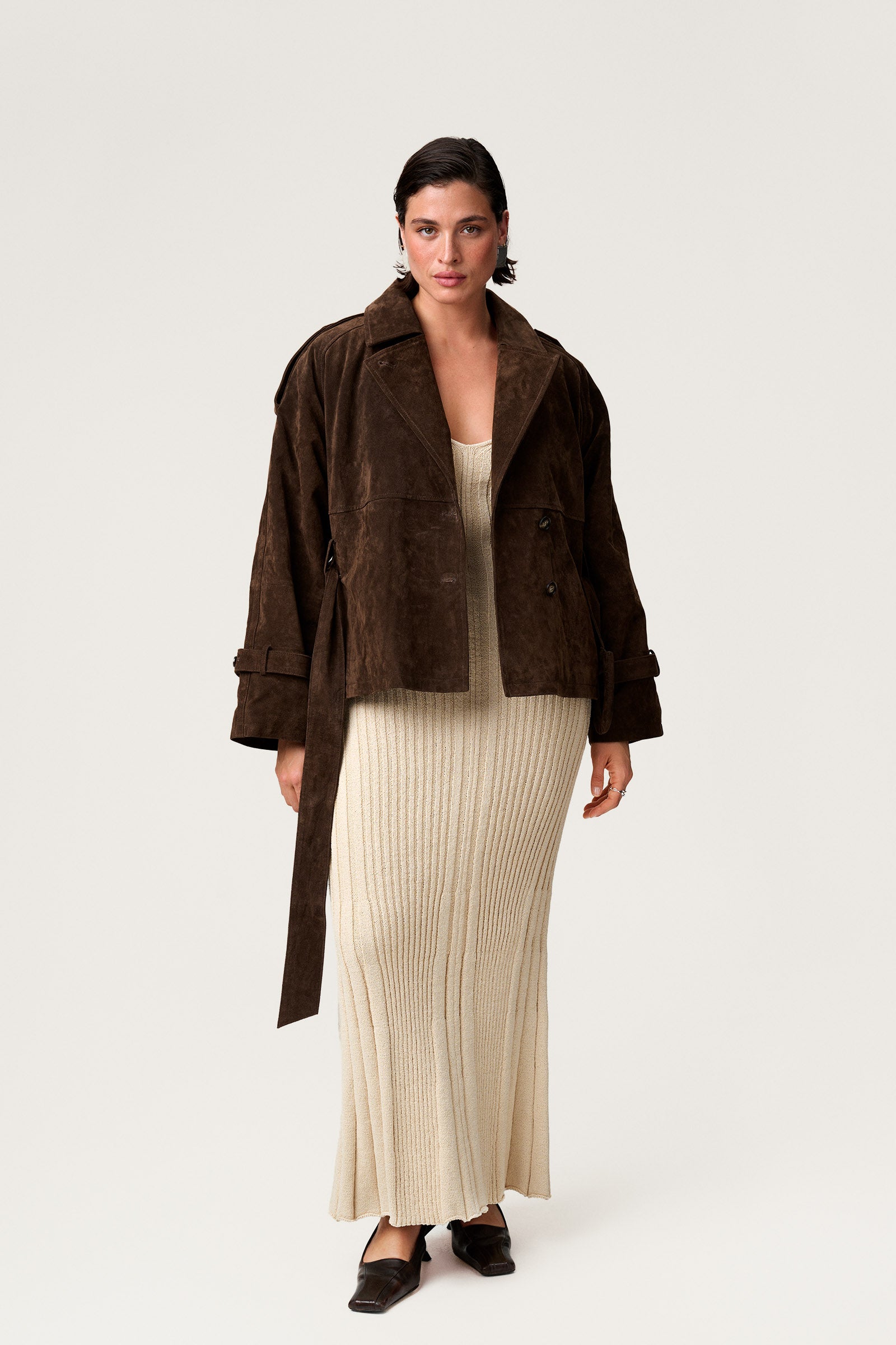 York cropped trench coat in dark brown suede. image