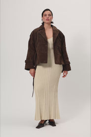 York cropped trench coat in dark brown suede. thumbnail image