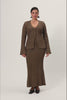 Lugo knitted cardigan in taupe with long sleeve trumpet arms.