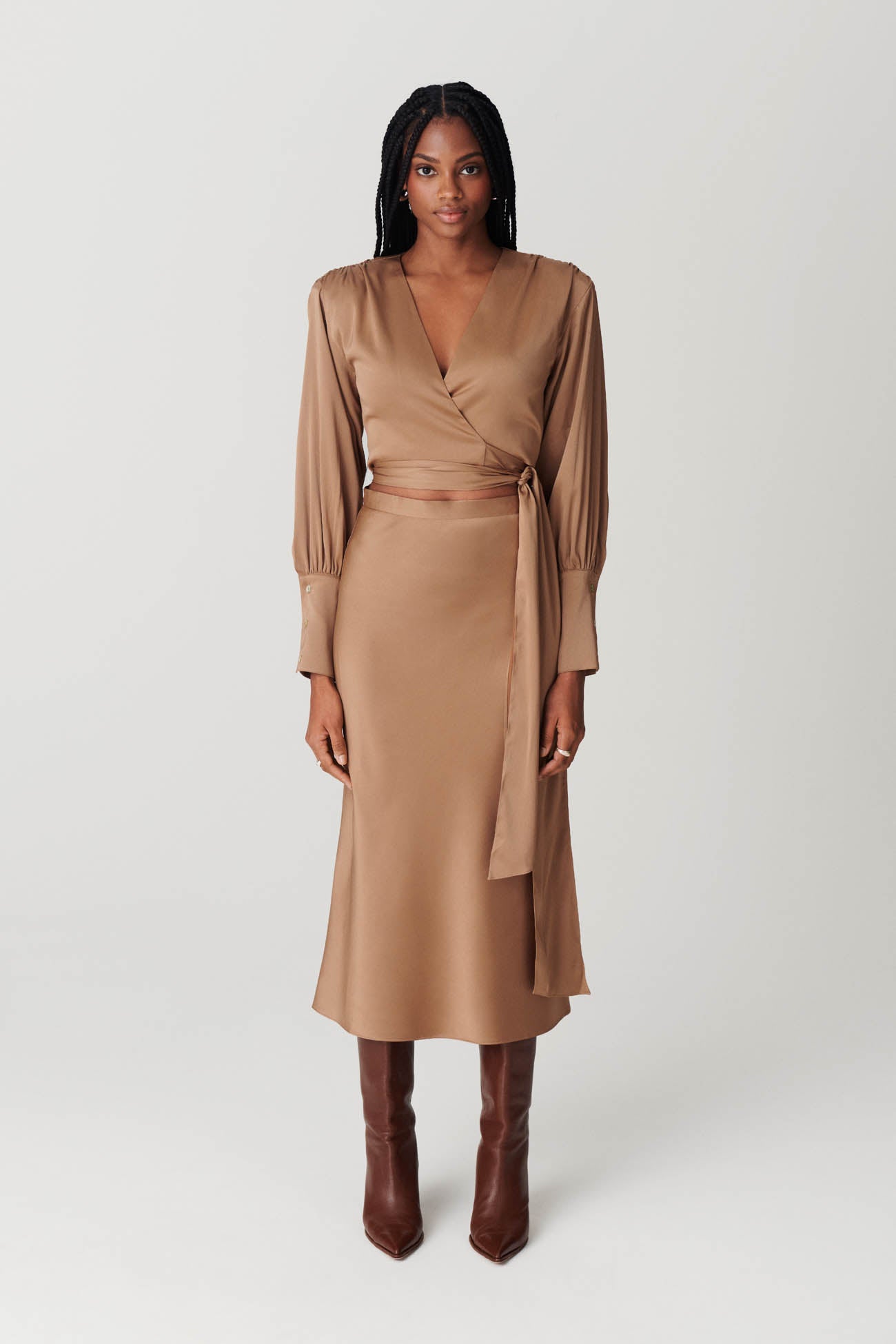 Silk midi cheap skirt brown