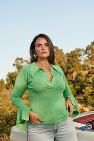 Top. Green Top. Green. Collar. Long sleeves. Knitted. V-necked. Extra long sleeves top. thumbnail image